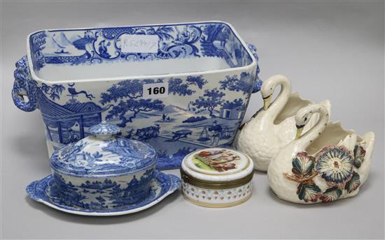 A 19th century blue and white tureen, a sauce tureen, cover and stand and three other items